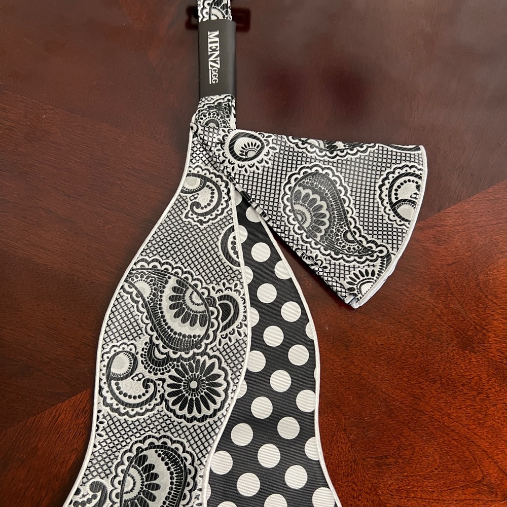 Men's Black and White Paisley and Polka Dot Tie by
